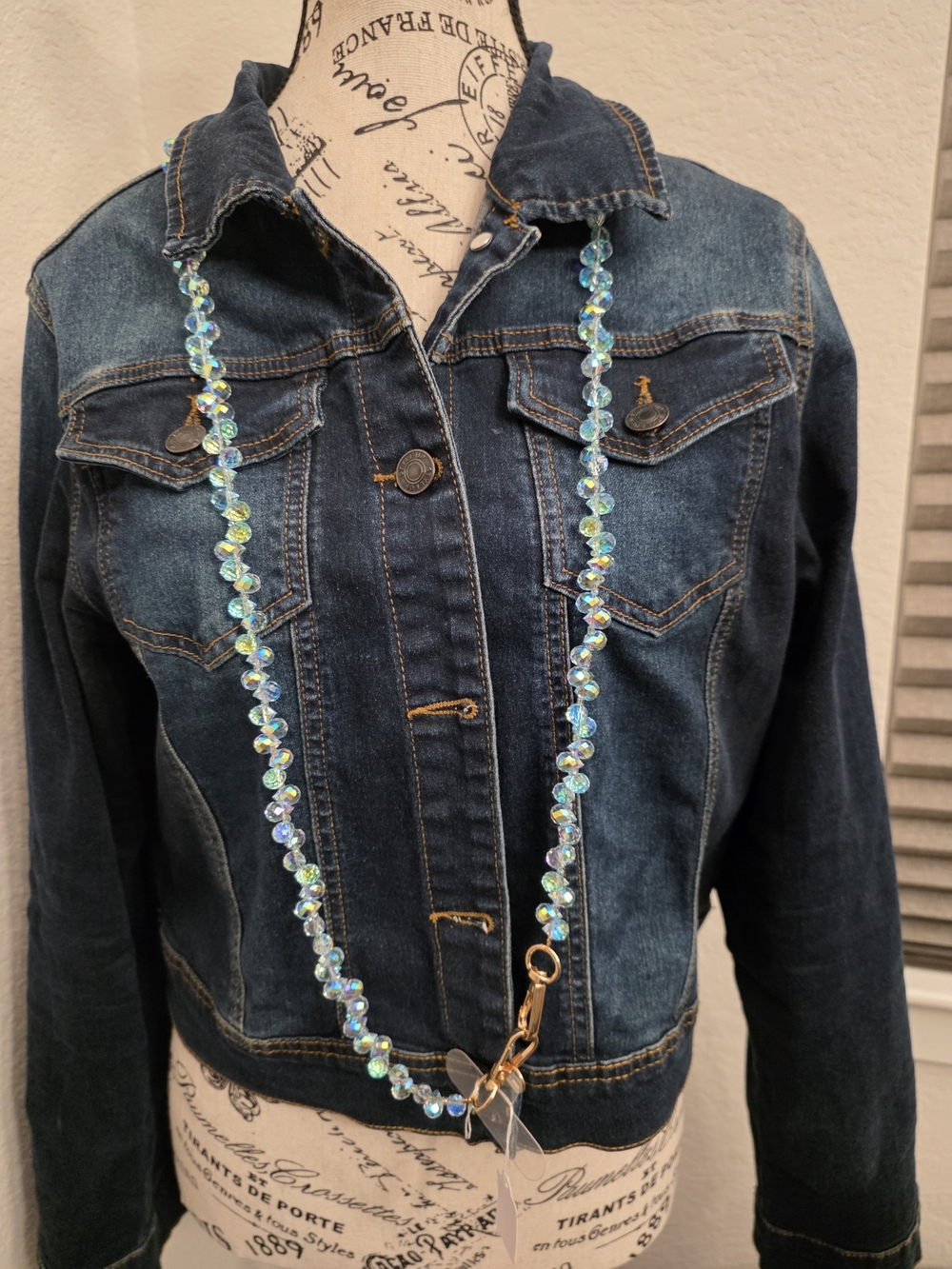 Iridescent Blue Crystal Bead Lanyard with 2 Gold Clasps